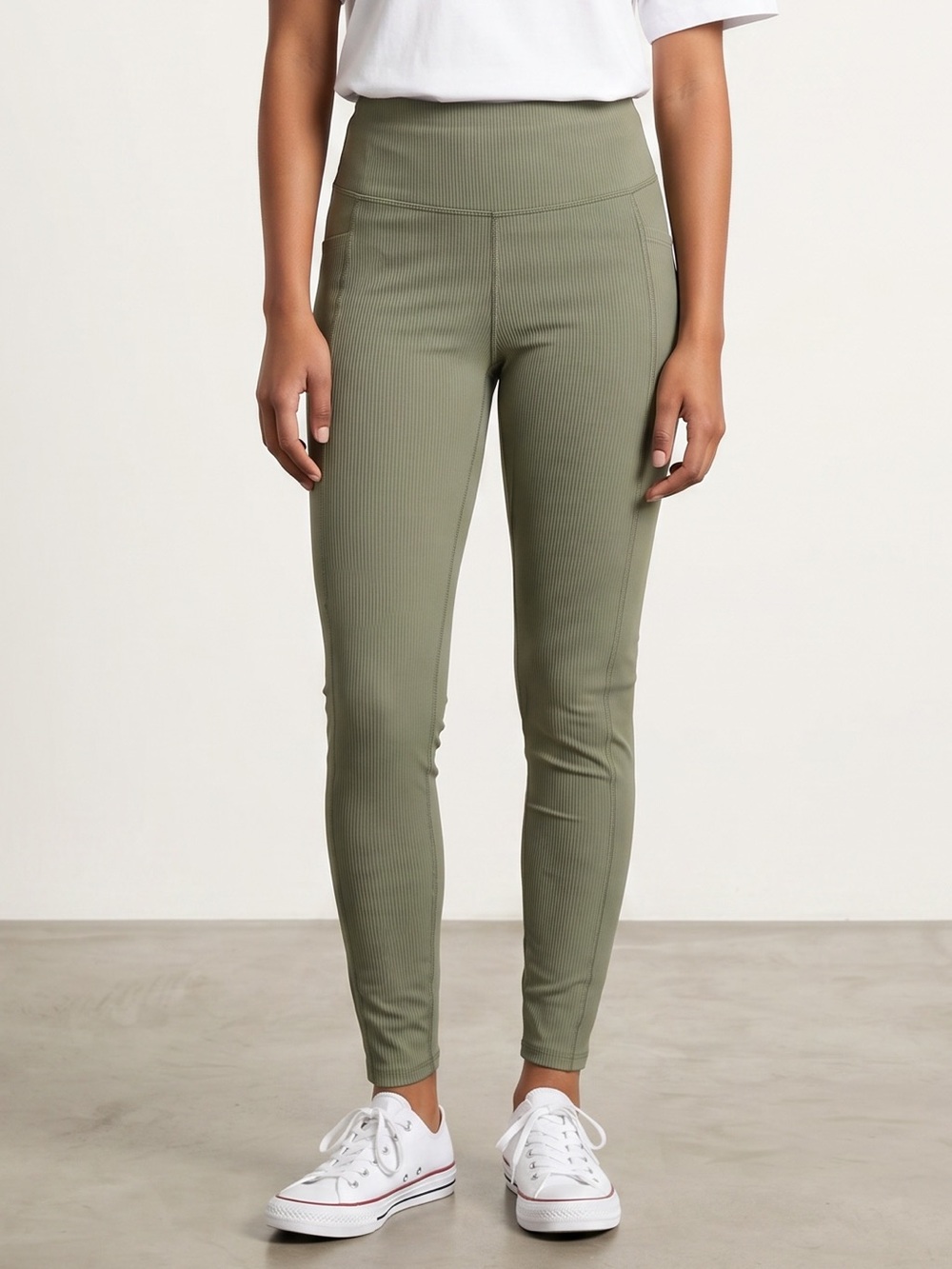 Ribbed High-Waist Leggings in Olive Green
